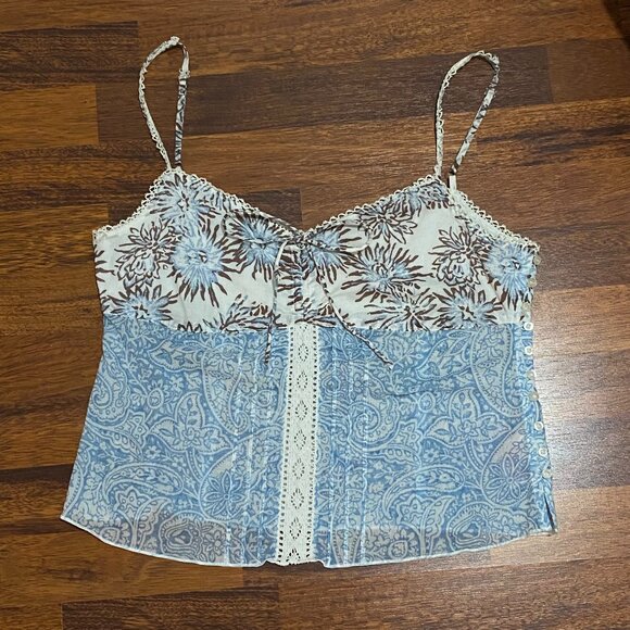 Vintage Y2K Guess Camisole Top Blue Paisley Brown Floral Lace Babydoll Cotton - Picture 14 of 16